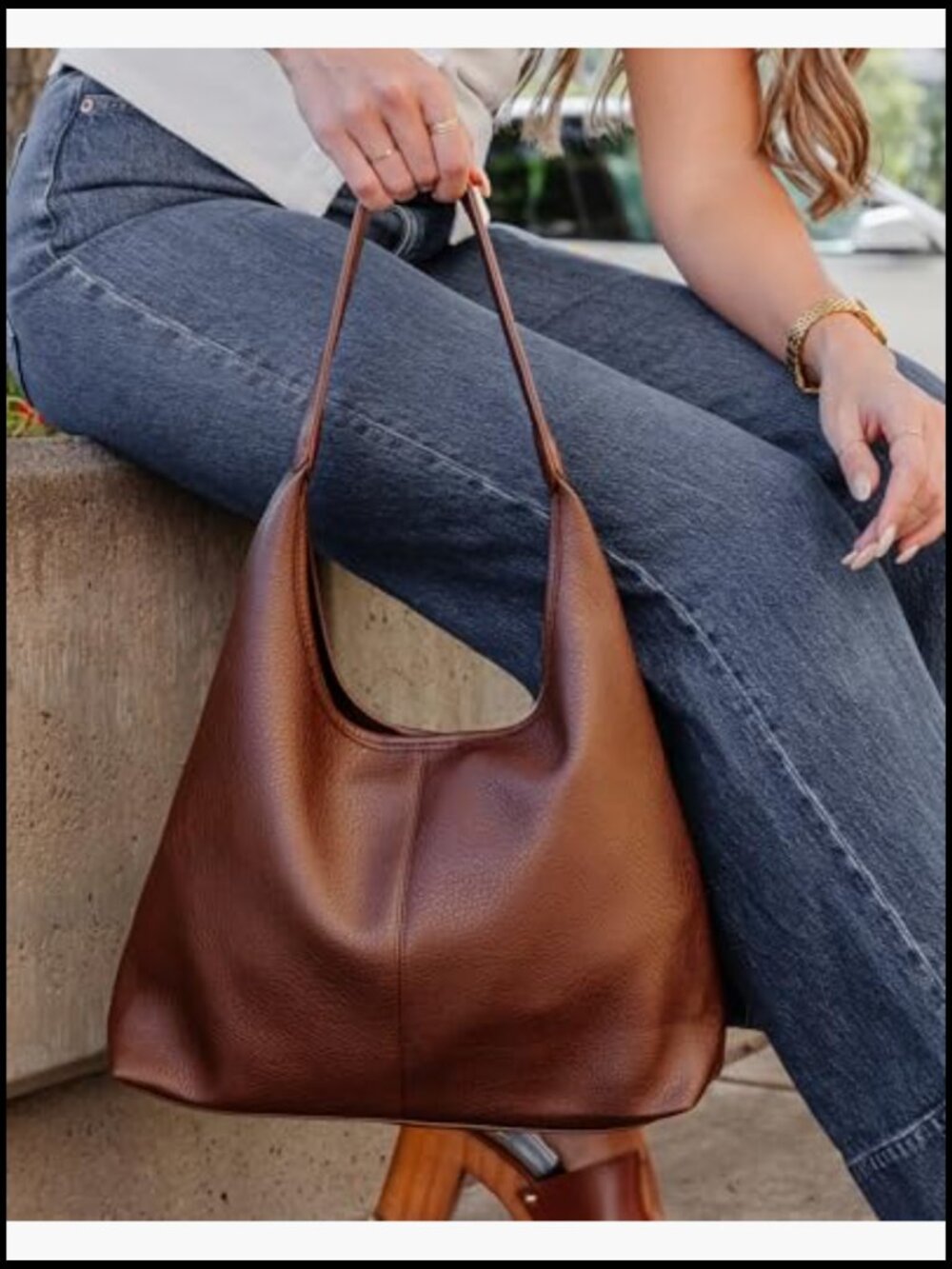 Large Slouchy Hobo Bag Zippered Compartments Faux Leather Shoulder Strap - Picture 3 of 7